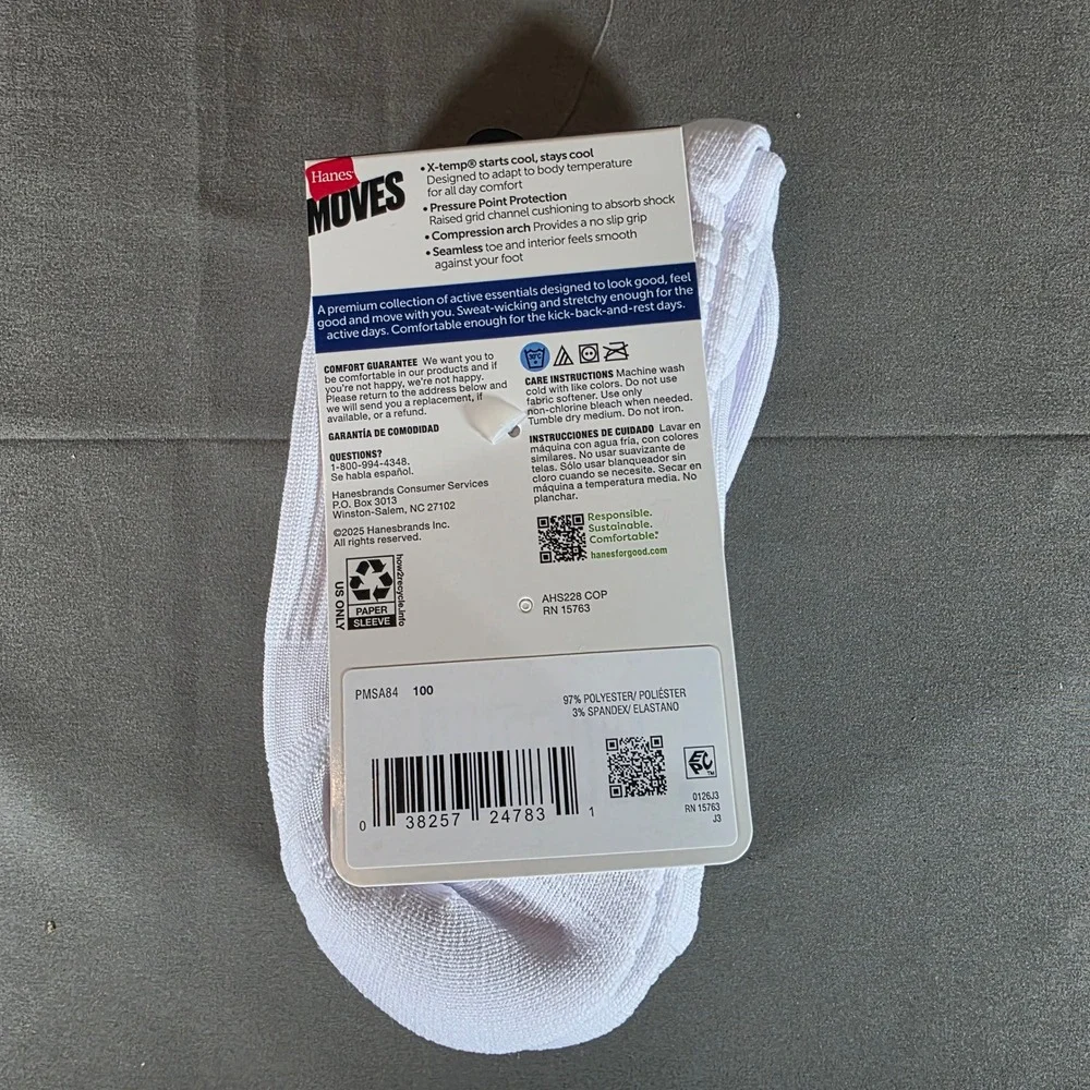 Hanes Moves Mens X-Temp Performance Mid Crew Socks 3 Pair White PMSA84 Size 6-12